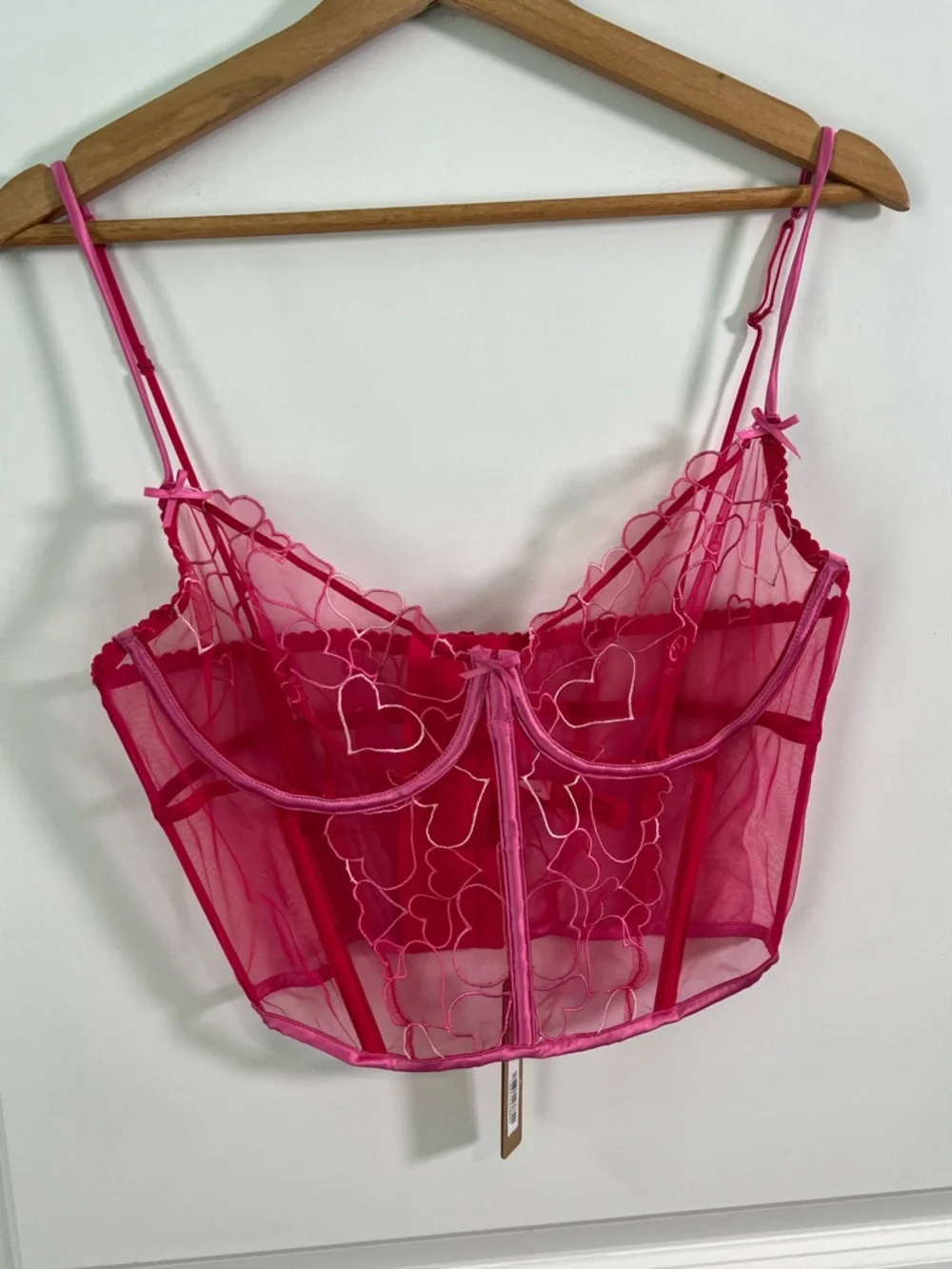 NWT SKIMS Embroidered Tulle Corset Top Pink Punch Hearts Size Large - Picture 2 of 4
